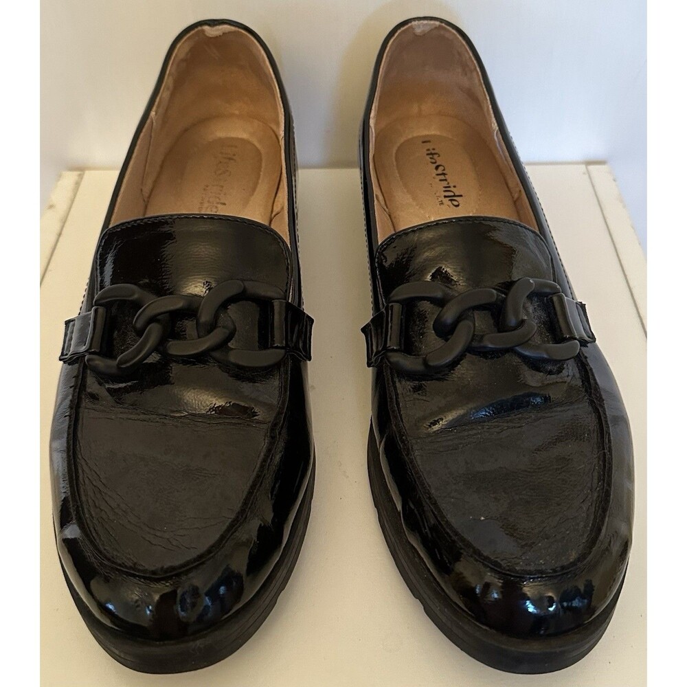 LifeStride London 2 Black Patent Loafers Chain Detail Lug Sole Comfort US 9
